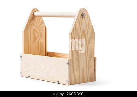 angle view empty wooden toolbox isolated on white background Stock Photo