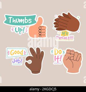 Job and great job groovy stickers pack. Set of reward stickers for teachers and kids. Hand drawn vector illustration. Stock Vector