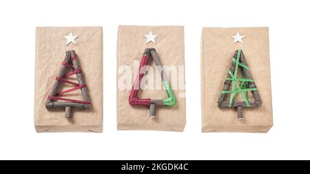 Christmas wrapped gift boxes isolated on white. Stock Photo