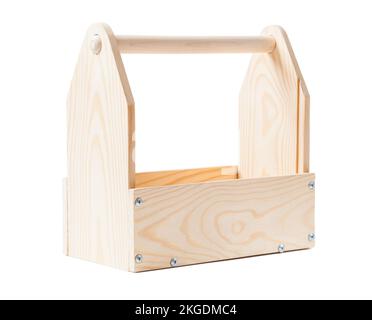 close up empty wooden toolbox isolated on white background Stock Photo