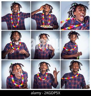 Posing in the party photobooth. Sequence shots of a young man getting drunk on shots. Stock Photo