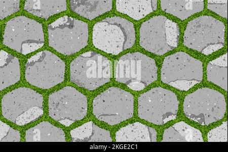 Seamless pattern of old pavement with moss and hexagon cracked textured old bricks. Vector pathway texture top view. Outdoor slab sidewalk. Cobbleston Stock Vector