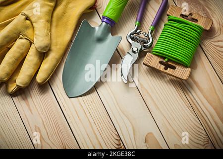 garden hand tools spade secateurs roupe gloves on wood Stock Photo