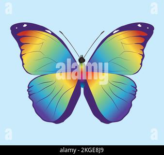 Rainbow morpho menelaus butterfly. The wings are filled with a rainbow gradient. Also the body of the insect is a rainbow. Dorsal view. Stock Vector