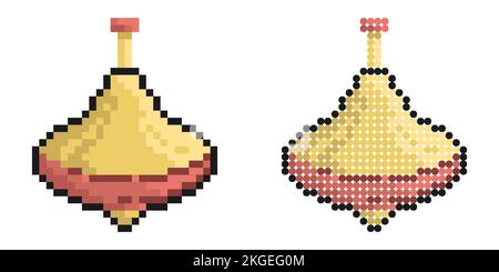 Pixel icon. Children spinning top toy for kindergarten kids. Free time and entertainment for preschooler. Simple retro game vector isolated on white b Stock Vector