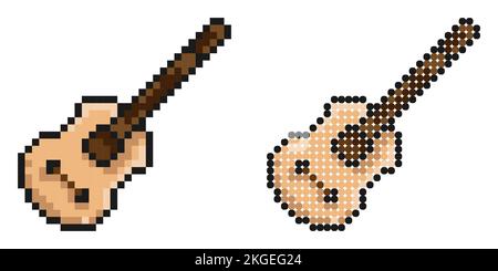 Pixel icon. Classical six string guitar, musical instrument. Learning to play guitar. Simple retro game vector isolated on white background Stock Vector