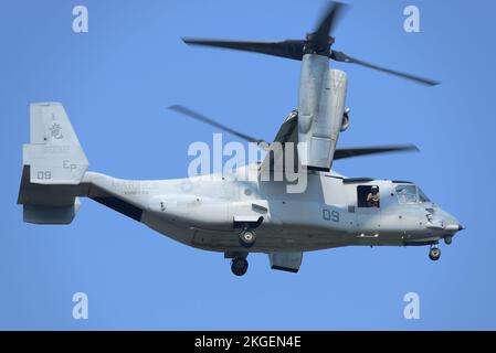 Kanagawa Prefecture, Japan - July 15, 2014: United States Marine Corps (USMC) Bell Boeing MV-22B Osprey tiltrotor military transport aircraft from VMM Stock Photo