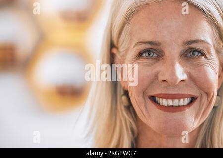 Senior, business woman and face portrait of a manager happy about company vision and mockup. Office leader, smile and elderly mentor smile about Stock Photo