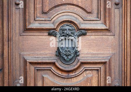 Old metal door knocker with decorations and a lion's head on a rustic wooden door. Stock Photo