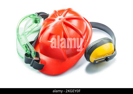 red helmet yellow earphones and green goggles isolated on white Stock Photo