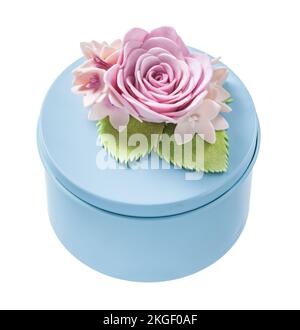 Round blue gift box isolated on white. Stock Photo