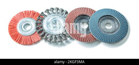 set of abrasive tools greending flap wheels isolated on white Stock Photo