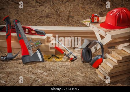 Carpentry Tools Set Of Red Color On Wooden Background Stock Photo