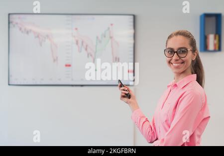 On Stage, Successful Female Speaker Presents Technological Product, Uses Remote Control for Presentation, Showing Infographics, Statistics Animation Stock Photo