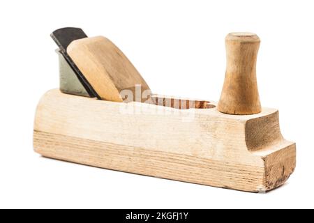 vintage wooden woodworkers plane isolated on white Stock Photo