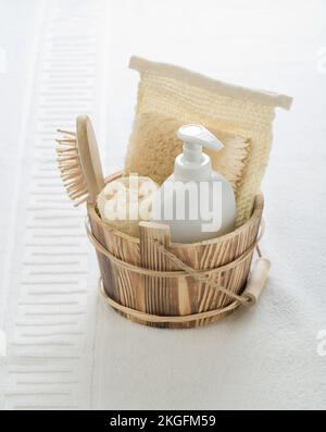wooden bucket with objects for bathing Stock Photo