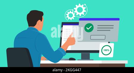 Man sitting at desk using a computer and giving a thumbs up, he receives a system notification: the software installation is complete Stock Vector