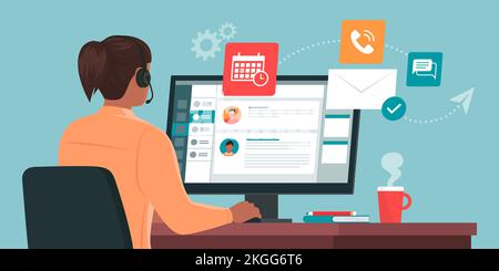 Professional virtual assistant sitting at desk and working with computer: she is talking with customers, sending e-mails and planning Stock Vector
