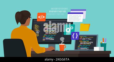 Professional female software engineer sitting at desk and working, she is programming and checking the code Stock Vector