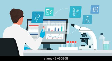 Professional scientist woman working in the medical laboratory, she is checking test results on the computer and holding a vial, microscope and medica Stock Vector