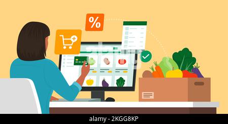 Woman connecting with her computer and doing grocery shopping online, she receives a box full of fresh vegetables Stock Vector