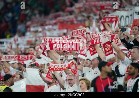 Doha, Qatar, 22nd November 2022.  Poland supporters during the FIFA World Cup 2022 match at Stadium 974, Doha. Picture credit should read: Florencia Tan Jun / Sportimage Stock Photo