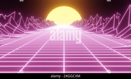 Retro neon sunset. Vaporwave vintage 3D neon landscape.3d render Stock Photo