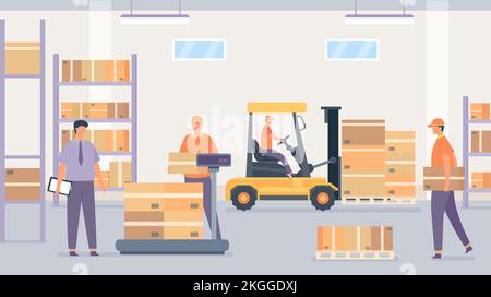 Wholesale stockroom, workers in storage room organize crates Stock Vector