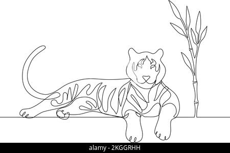 Tiger lying under bamboo shoot modern style line art vector illustration. One line hand drawing Stock Vector