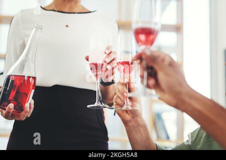 Party, champagne and glass with hands of business people for celebration, festive and toast. Holiday, alcohol and cheers with employee and drink in Stock Photo