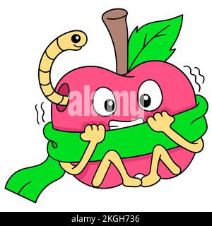 A vector illustration of an apple cartoon character wrapped in a scarf with a worm isolated on white background Stock Vector