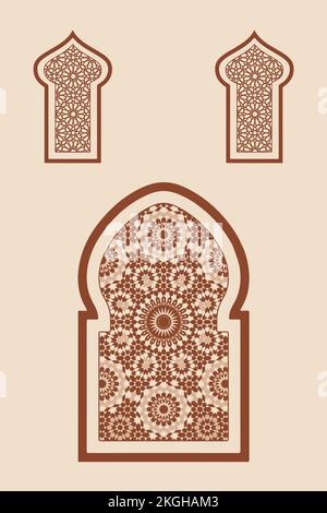 Islamic arabian oriental style windows, doors, and arches poster set mid century vector image. Moroccan contemporary abstract geometric. Stock Vector