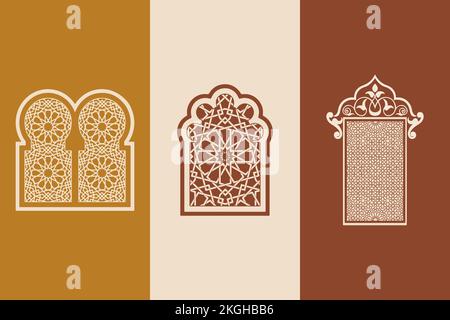 Islamic arabian oriental style windows, doors, and arches poster set mid century vector image. Moroccan contemporary abstract geometric. Stock Vector