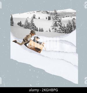 Contemporary art collage. Creative design. Two little boys, children playing together, sliding down the snowy hill in box. Concept of winter holidays Stock Photo