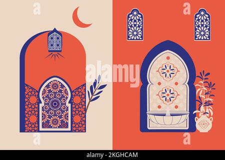 Abstract architecture posters simple geometric. Moroccan contemporary abstract geometric. Islamic Arabic oriental style windows, doors & stairs. Stock Vector