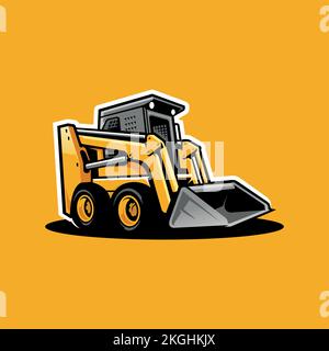An editable vector of a skid steer excavator on an orange background Stock Vector
