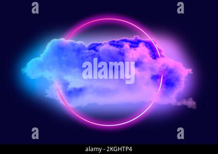with neon light ring on dark night sky Stock Photo
