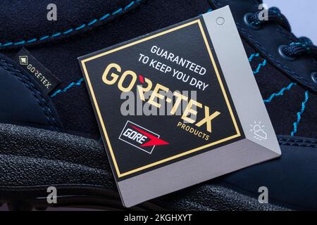 Guaranteed to keep you dry label on Hotter Gore-tex boots Goretex Stock Photo