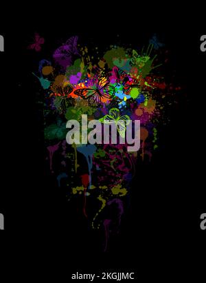 Tropical butterfly. Colored blots and butterflies on a black background. Vector illustration Stock Vector
