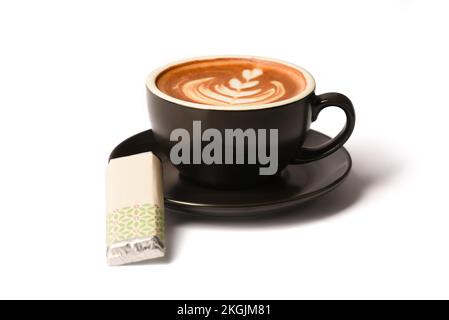 Latte coffee in the Black  cup Stock Photo