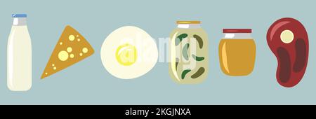 Set of simple colored flat icons with homemade food. Collection of cool cartoon illustrations for stickers, icons, buttons, web games, websites, print Stock Vector