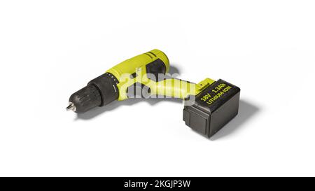 The yellow cordless battery powered drill isolated on white background with clipping path. Yellow drill. Electric device for the home repair. Househol Stock Photo