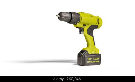 The yellow cordless battery powered drill isolated on white background with clipping path. Yellow drill. Electric device for the home repair. Househol Stock Photo