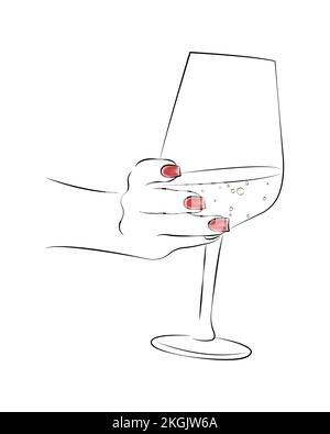 Hand holding drink vintage. Retro hand drawn hands with sketch alcohol shot and beer, wine and brandy glass isolated on white background. Minimalistic Stock Vector