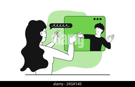 Online lecturer and teacher in classroom vector illustration concept. Online learning and teacher video conference call. Student listening webinar and Stock Vector
