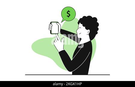 Man holding smartphone vector illustration concept. Business app on mobile and finance marketing online. Digital commerce and connection to management Stock Vector