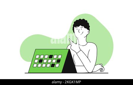 Man planning week with calendar vector illustration concept. Business planning and marketing strategy. Financial development and analysis growth. Proc Stock Vector