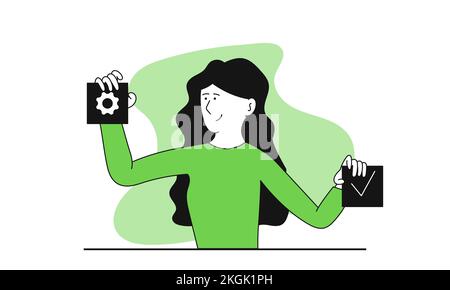 Woman holding a settings button in hand vector illustration concept. Business strategy process and success office plan. Marketing innovation software Stock Vector
