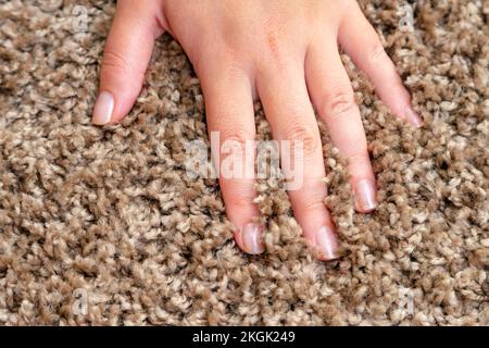 Close up of hand touching soft carpet. Gentle and fluffy carpet between fingers. Stock Photo