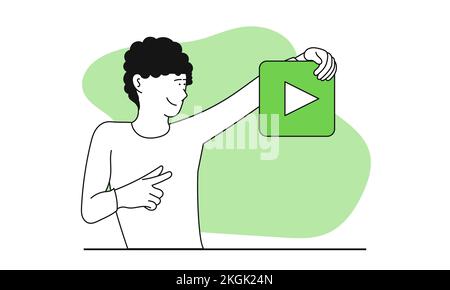 Man holding play button vector illustration concept. Search for training online and online course education. Internet learning and distance knowledge. Stock Vector